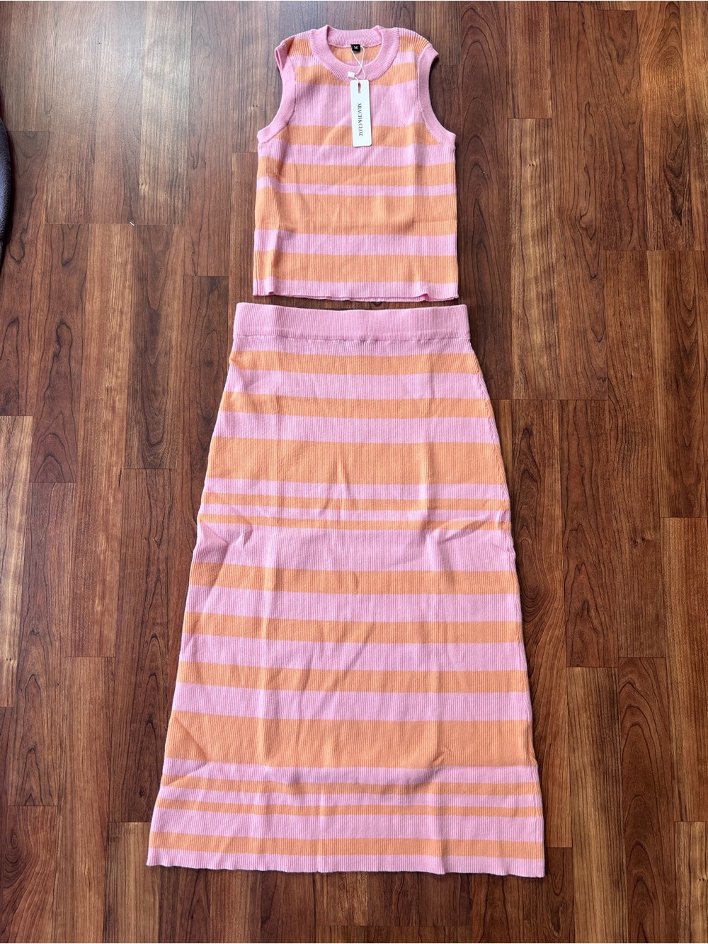 Arach&Cloz Women M Pink Orange Bodycon Matching 2 Piece Skirt Set NWT